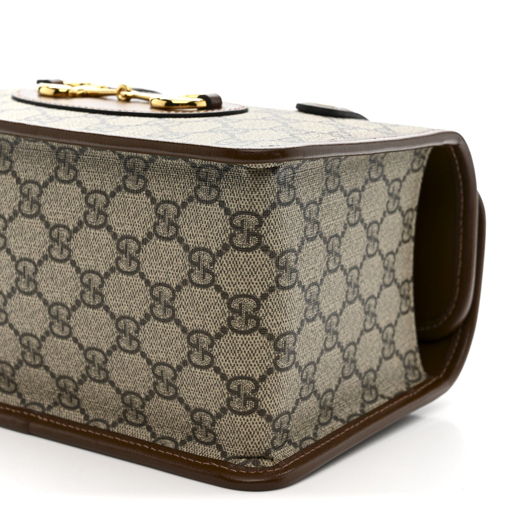 GG Supreme Monogram Azalea Calfskin Mini Horsebit 1955 Foldover Top Handle Bag Beige Ebony Brown Sugar