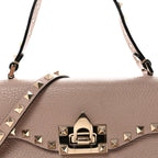 Pebbled Calfskin Medium Rockstud Top Handle Shoulder Bag Poudre