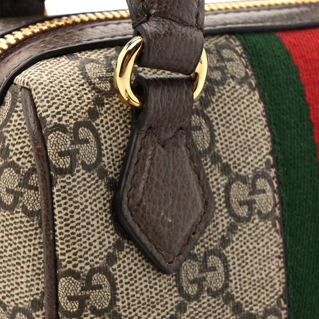 GG Supreme Monogram Textured Dollar Calfskin Web Super Mini Ophidia Top Handle Bowler Bag Beige Ebony New Acero