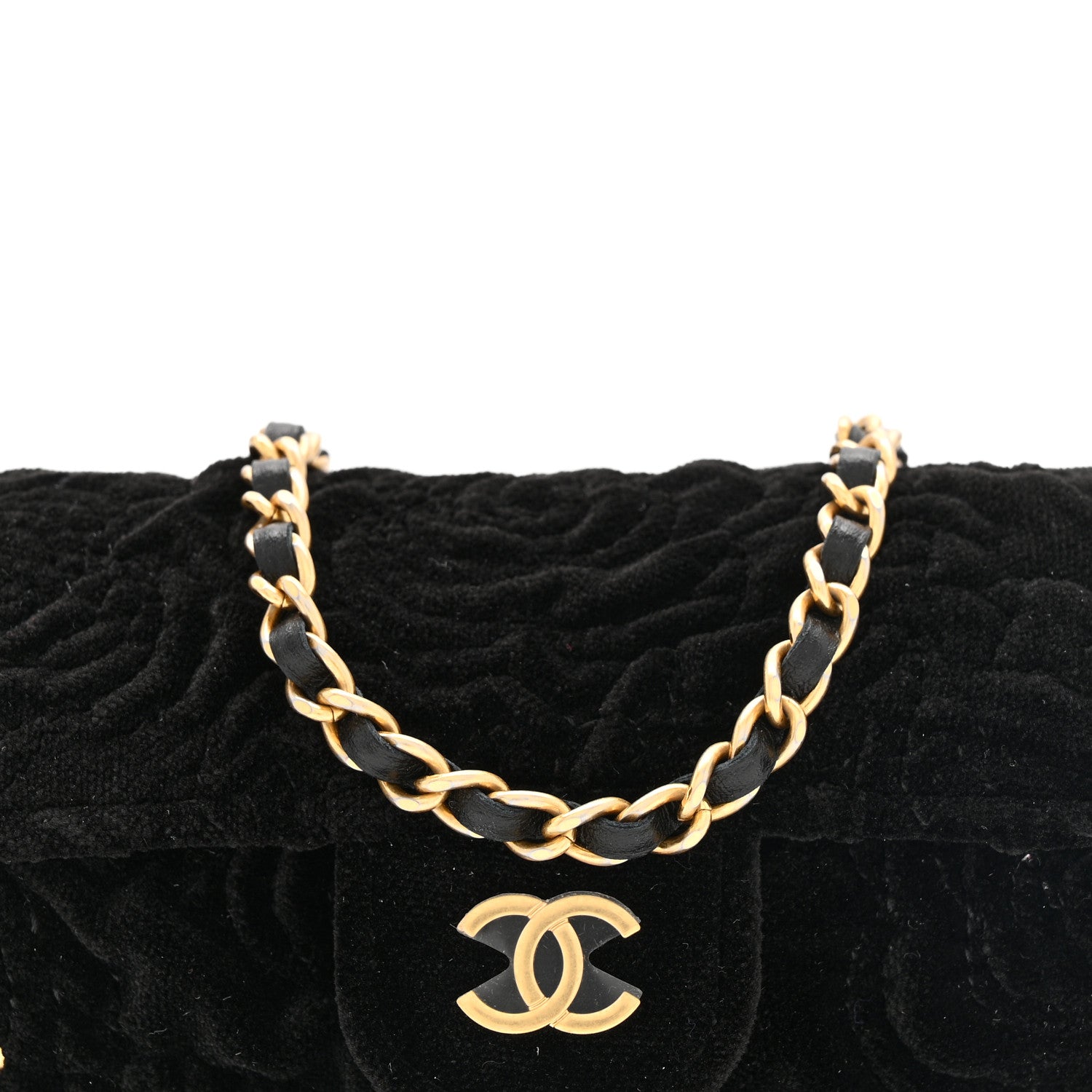 Velvet Camellia Embossed Jewel Belt Card Holder With Chain Black