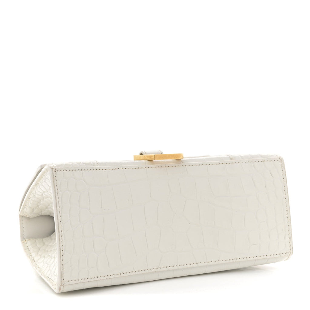 Calfskin Crocodile Embossed Small Hourglass Top Handle Bag White