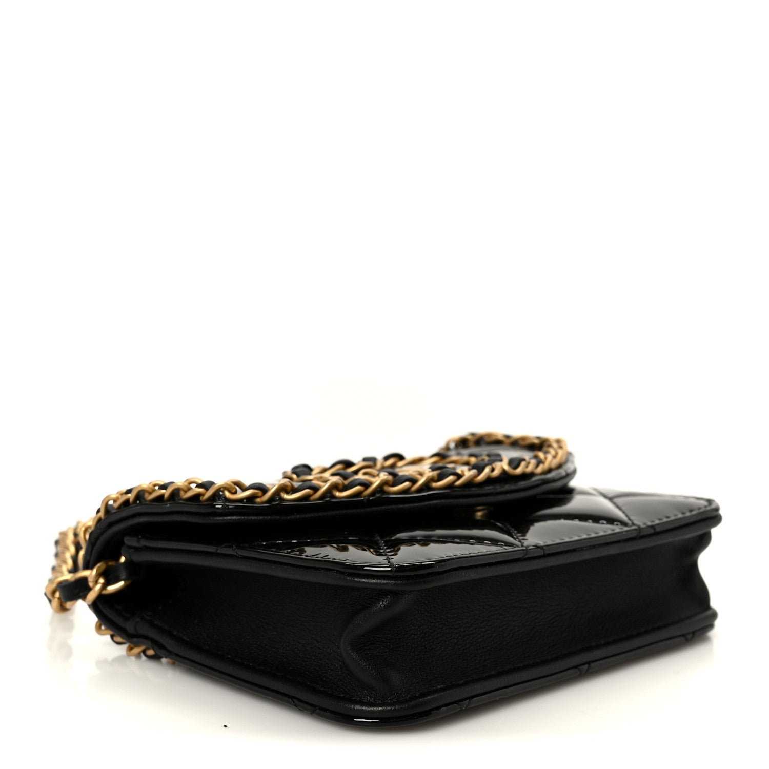 Patent Quilted Chain Around Heart Mini Chain Flap Black