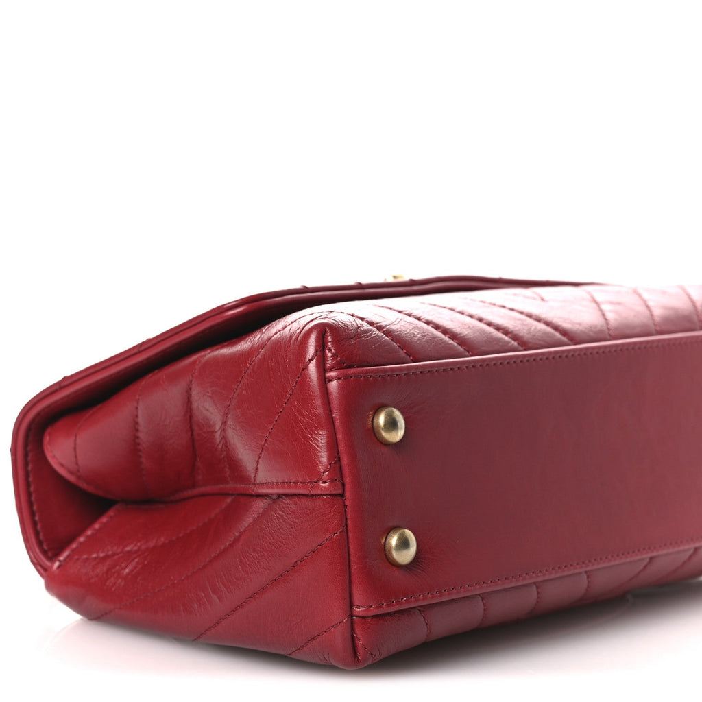 Aged Calfskin Chevron Quilted Mini Coco Handle Flap Red