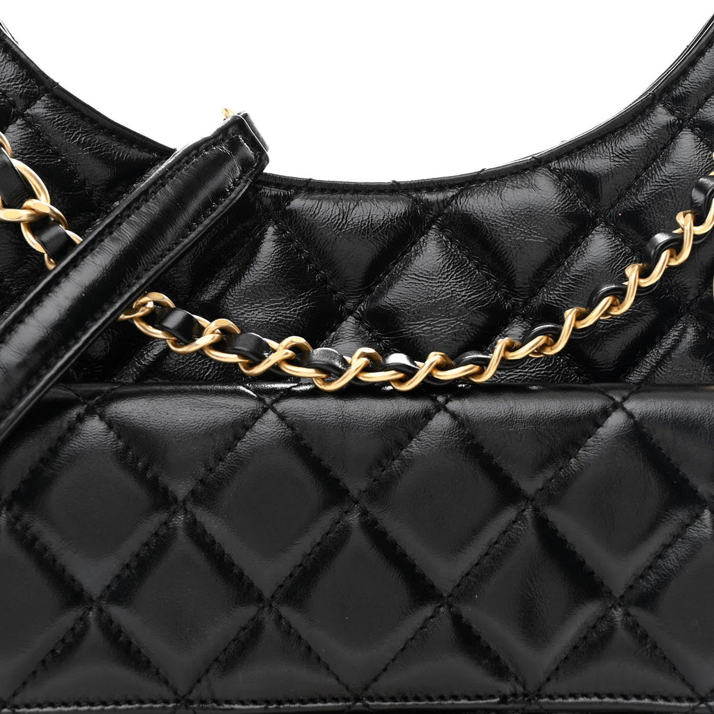 Shiny Crumpled Calfskin Quilted Wavy CC Hobo Black