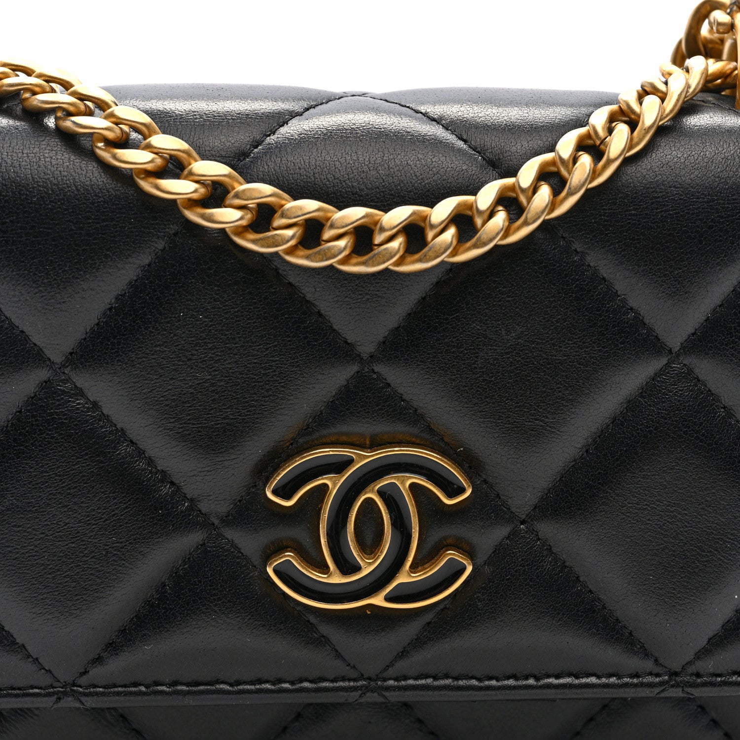 Lambskin Enamel Quilted Pending CC Clutch With Chain Black