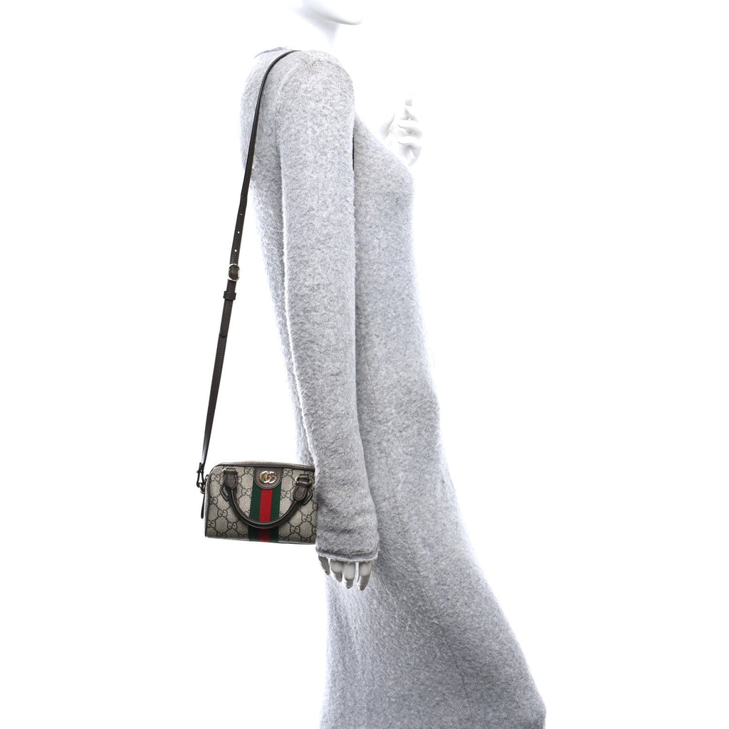 GG Supreme Monogram Textured Dollar Calfskin Web Super Mini Ophidia Top Handle Bowler Bag Beige Ebony New Acero