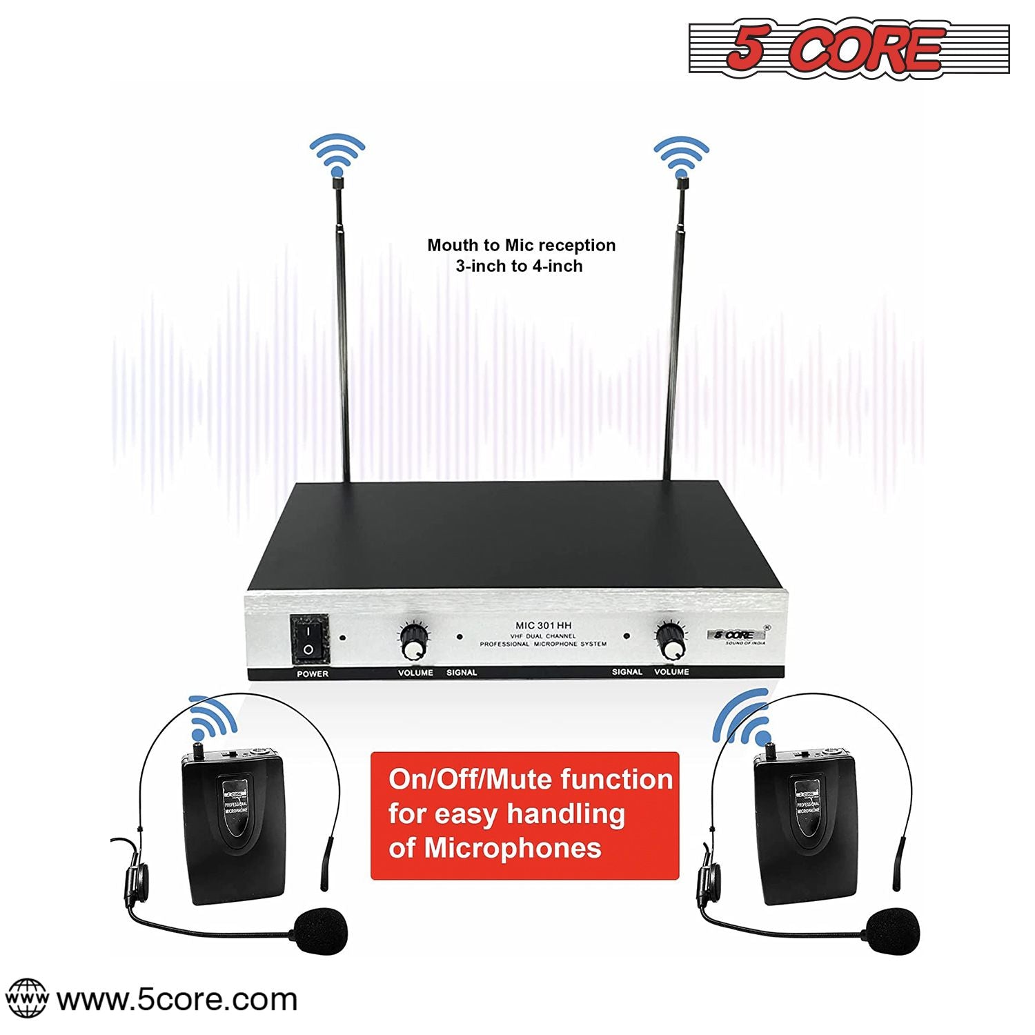 2 Channel Wireless Microphones w 2 Headset Portable Mini Mic Headset Microfono Inalambricos with Receiver - WM 301 HH