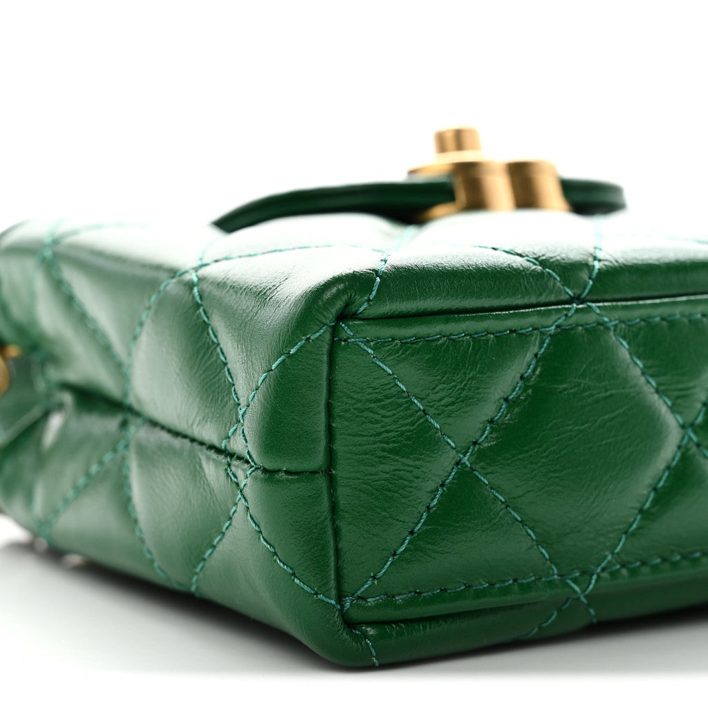 Shiny Aged Calfskin Quilted Mini Nano Kelly Shopper Green