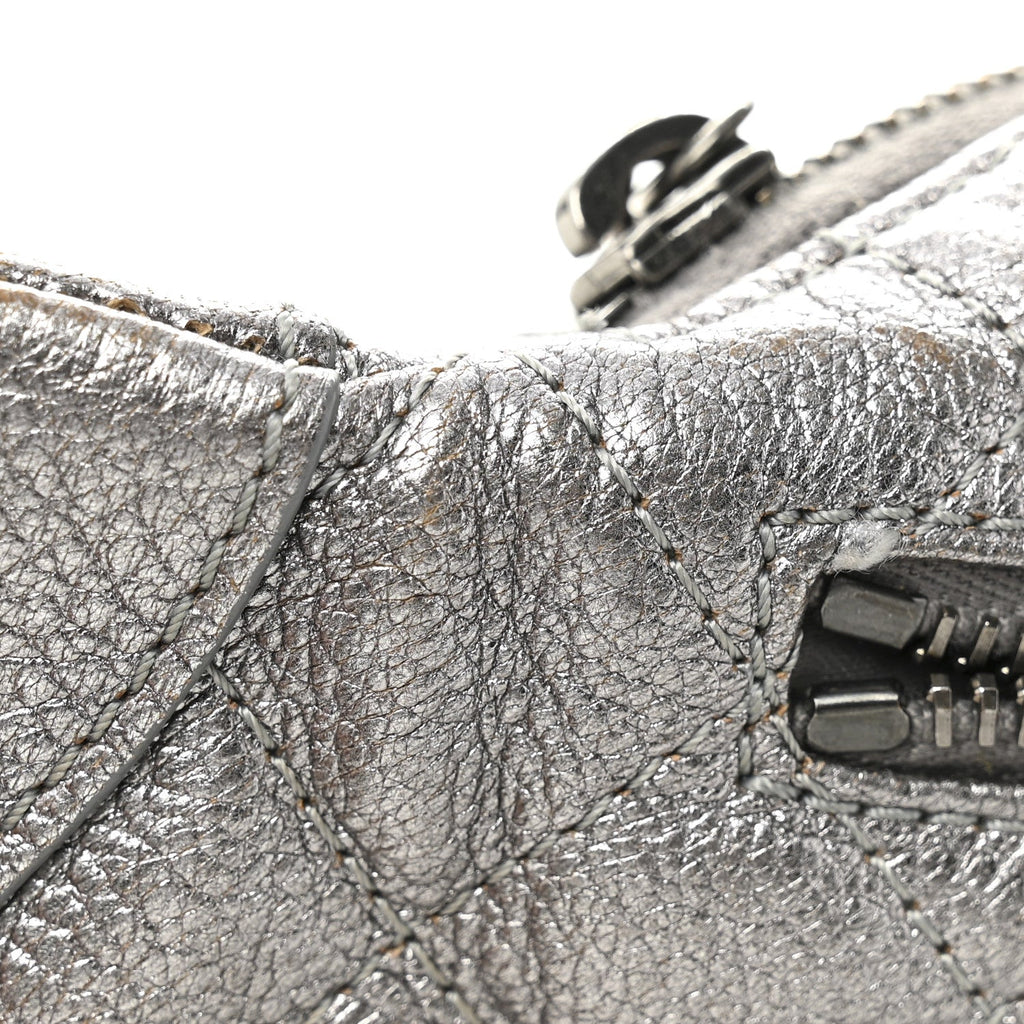 Metallic Calfskin Quilted Banane Waist Bag Fanny Pack Dark Silver