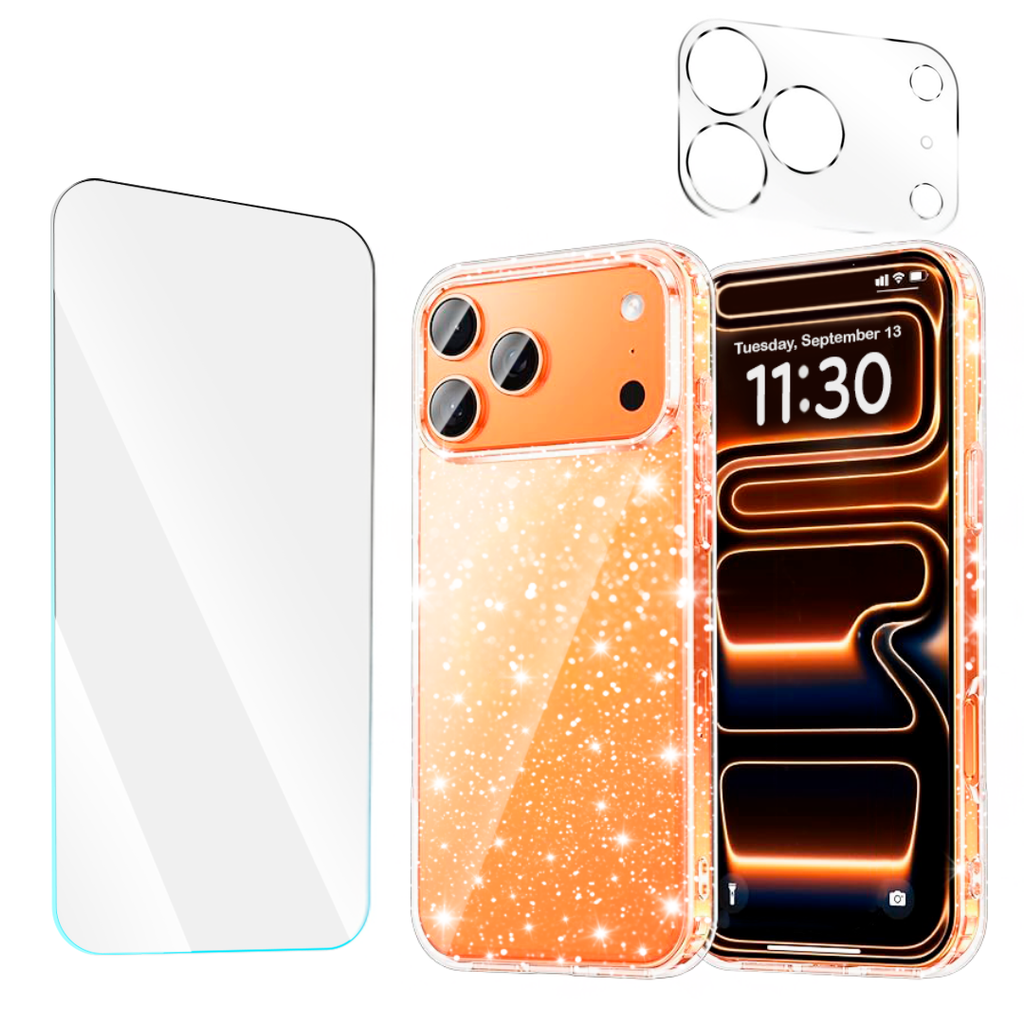 Entronix Bundle Compatible with iPhone 17 Pro Max - [Hard] Glitter Clear Case, 1 Clear Screen Protector & 1 Camera Lens Protector