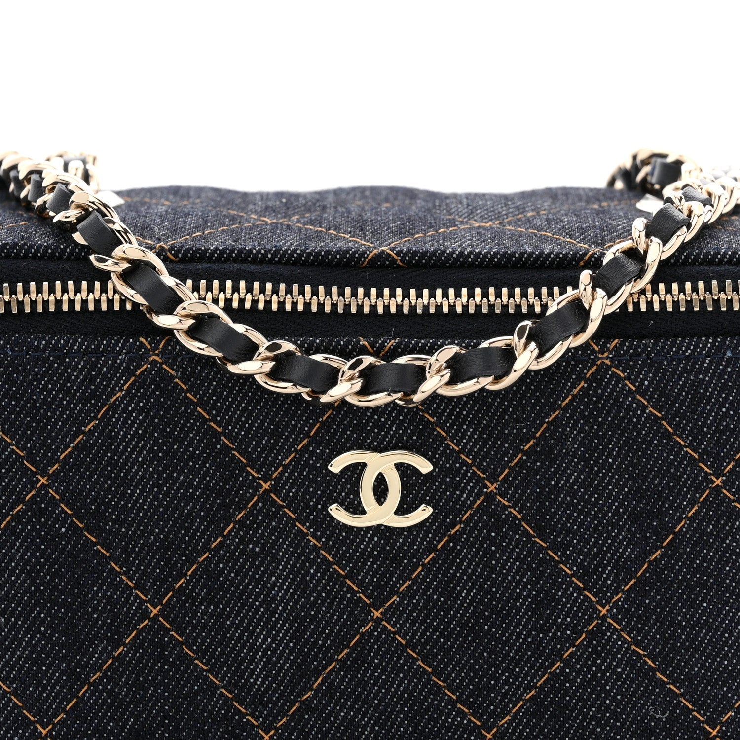 Denim Quilted Vanity Case With Chain Dark Blue