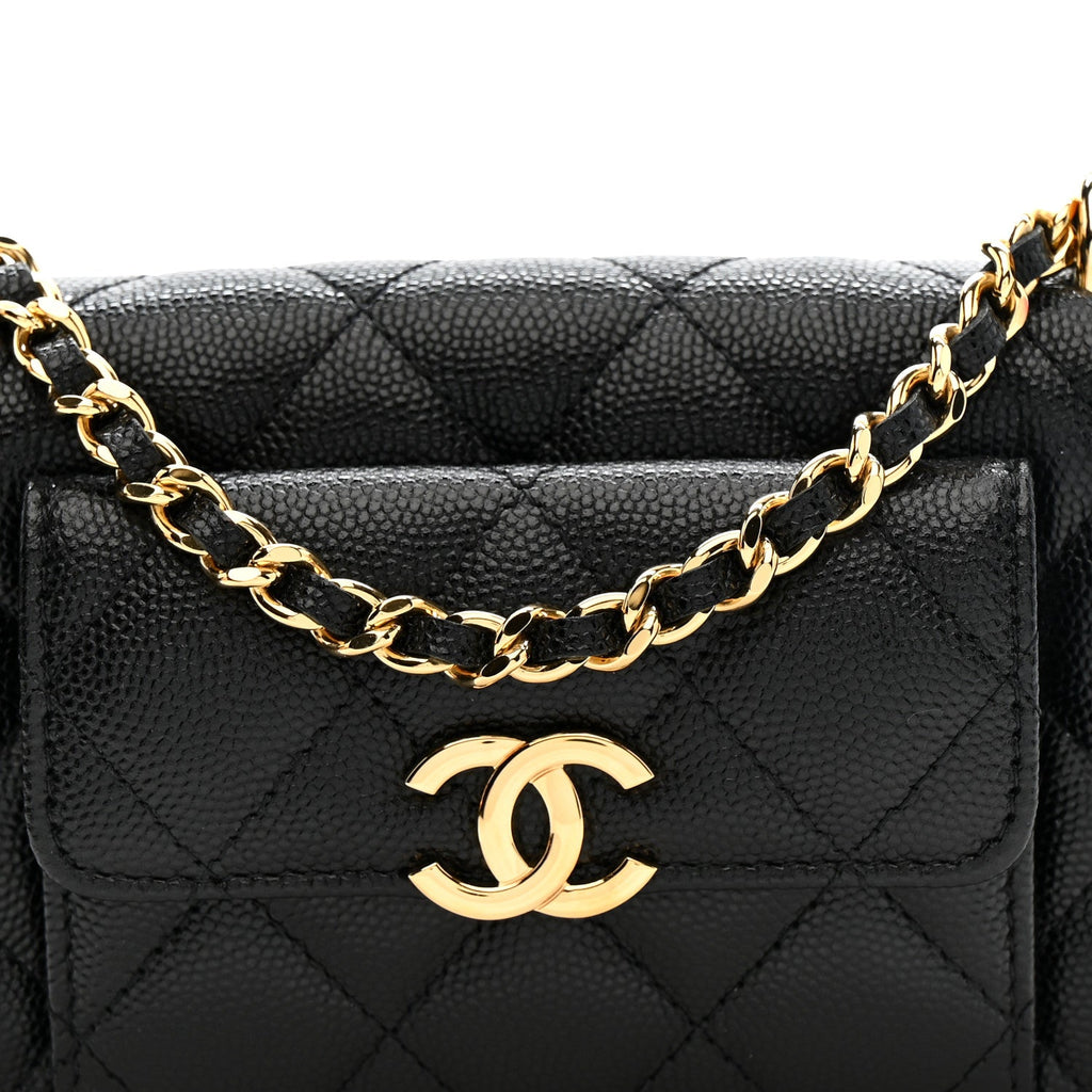 Caviar Quilted Pocket Twins Clutch With Chain Black