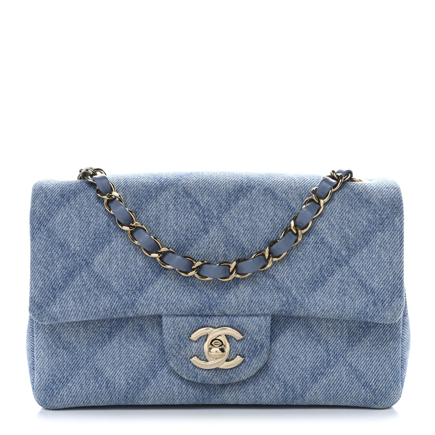 Printed Denim Quilted Mini Rectangular Flap Light Blue