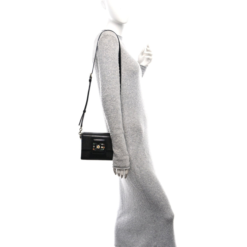 Lizard Embossed Crystal Embellished DG Millennials Mini Crossbody Bag Black