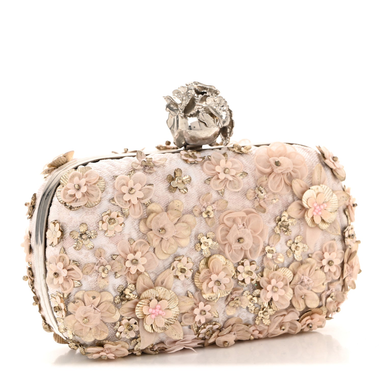 Flower Appliqued Silk Brocade Skull Box Clutch Light Pink