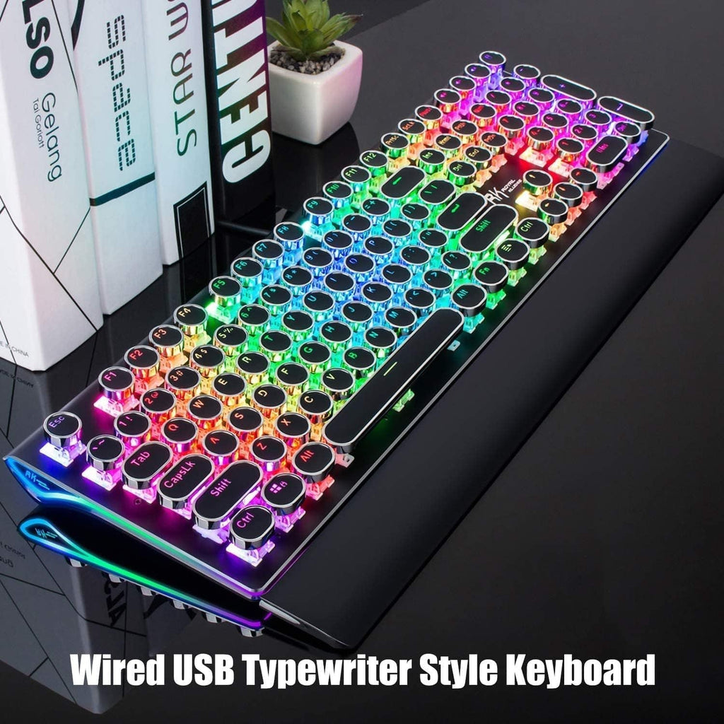 Typewriter Keyboard, Retro Mechanical Gaming Keyboard Wired 108 Keys with RGB Backlit Sidelight, Detachable Wrist Rest, Round Keycaps Blue Switches - Black