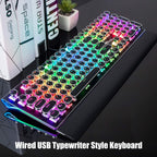 Typewriter Keyboard, Retro Mechanical Gaming Keyboard Wired 108 Keys with RGB Backlit Sidelight, Detachable Wrist Rest, Round Keycaps Blue Switches - Black