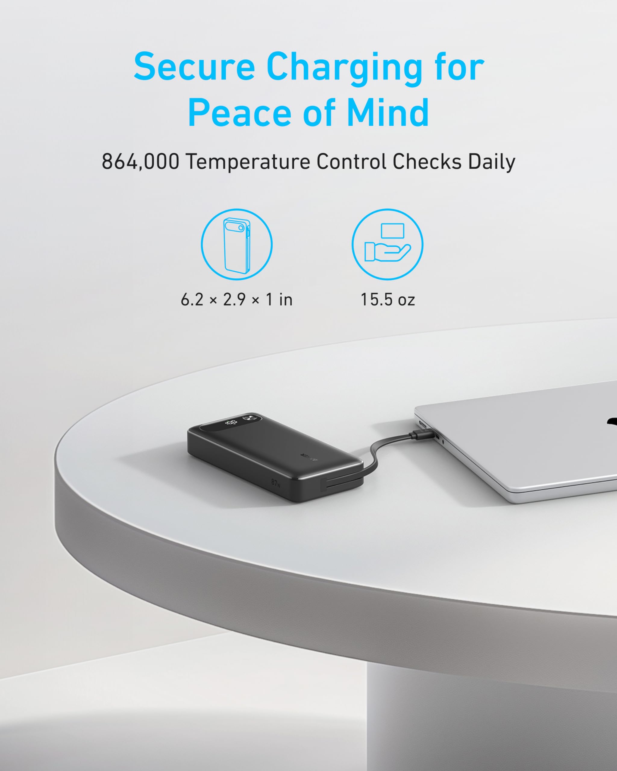 Anker Power Bank (20K, 87W, Built-In USB-C Cable) | Customizable