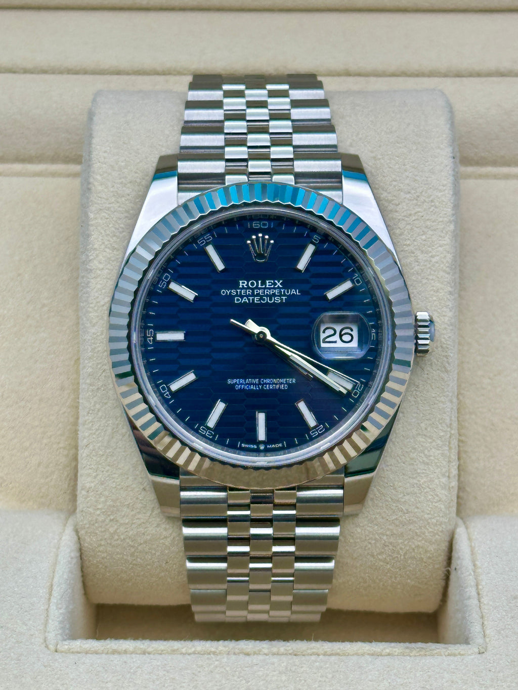 Rolex Steel and White Gold Rolesor Datejust 41  - Blue Motif Index Dial - Jubilee Bracelet - 126334 bmj