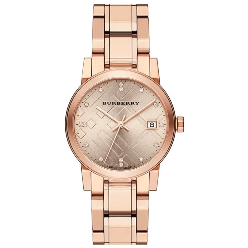 Burberry Ladies Watch Diamond 34mm Check Stamped Rose Gold PVD