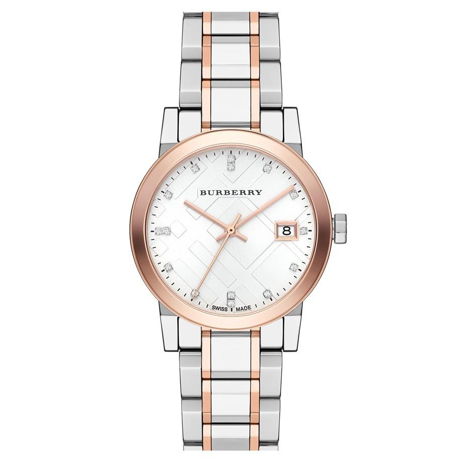 Burberry Ladies Watch Diamond Check Stamped 34mm Two Tone Rose Gold