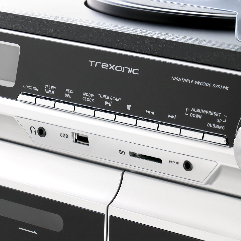 3-Speed Vinyl Turntable  Home Stereo System with CD Player, Double Cassette Player, Bluetooth, FM Radio & USB/SD Recording