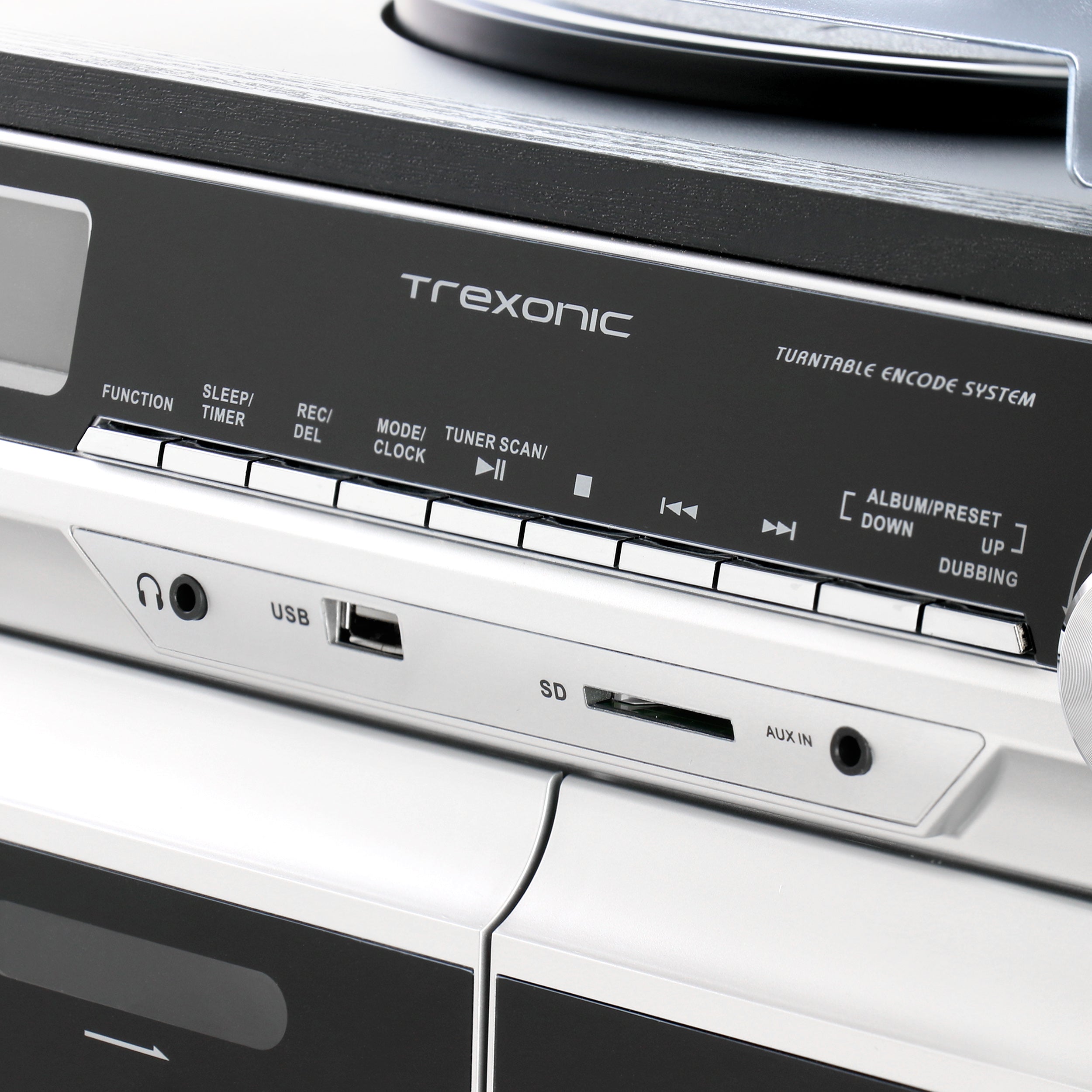 3-Speed Vinyl Turntable  Home Stereo System with CD Player, Double Cassette Player, Bluetooth, FM Radio & USB/SD Recording