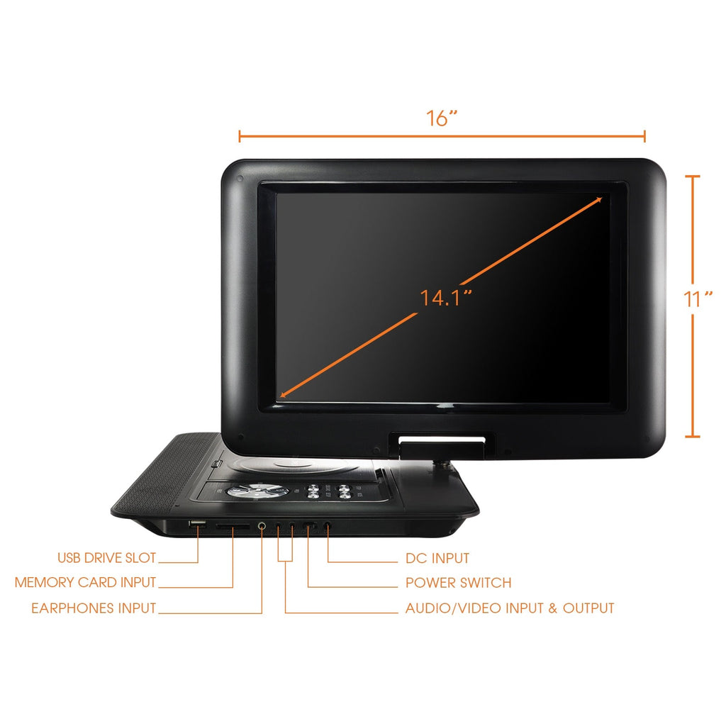 14.1 Inch Portable DVD Player with Swivel TFT-LCD Screen and USB,SD,AV Inputs