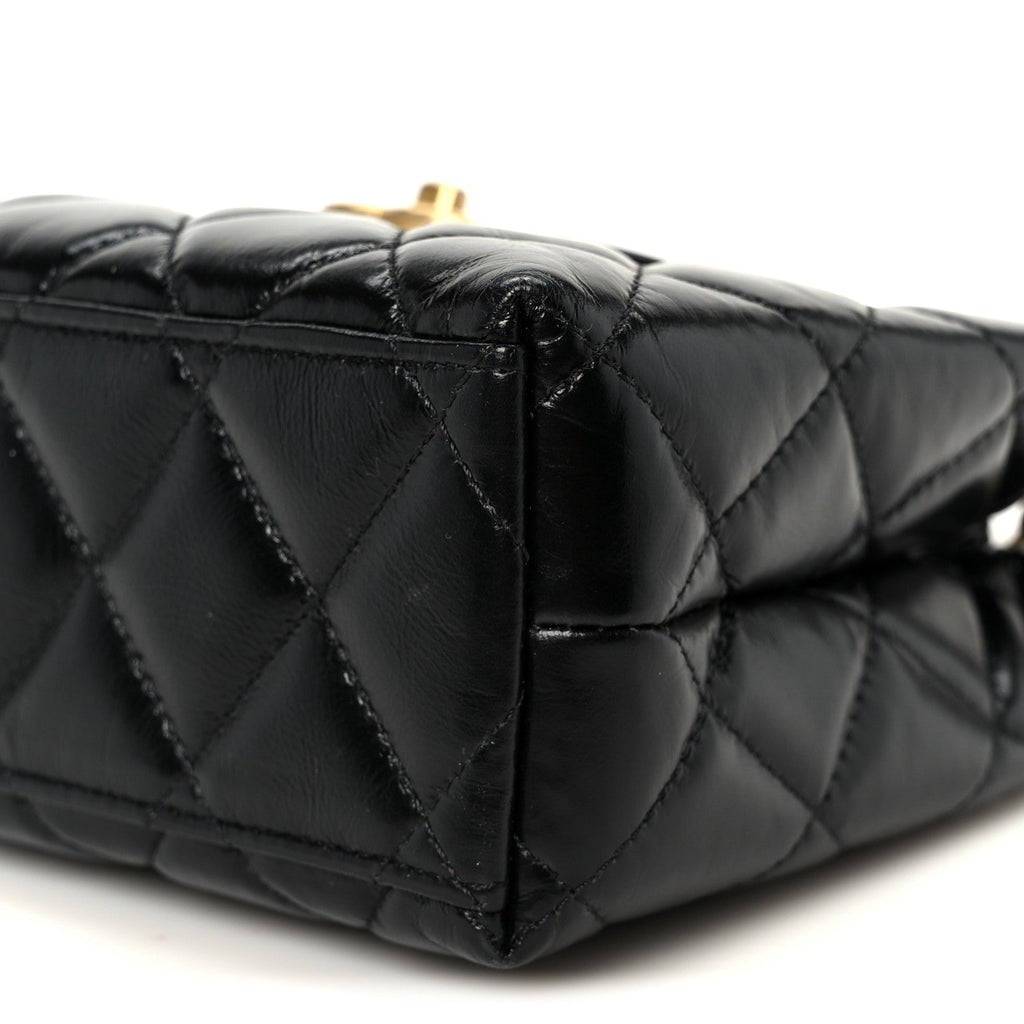 Shiny Aged Calfskin Quilted Nano Kelly Shopper Black