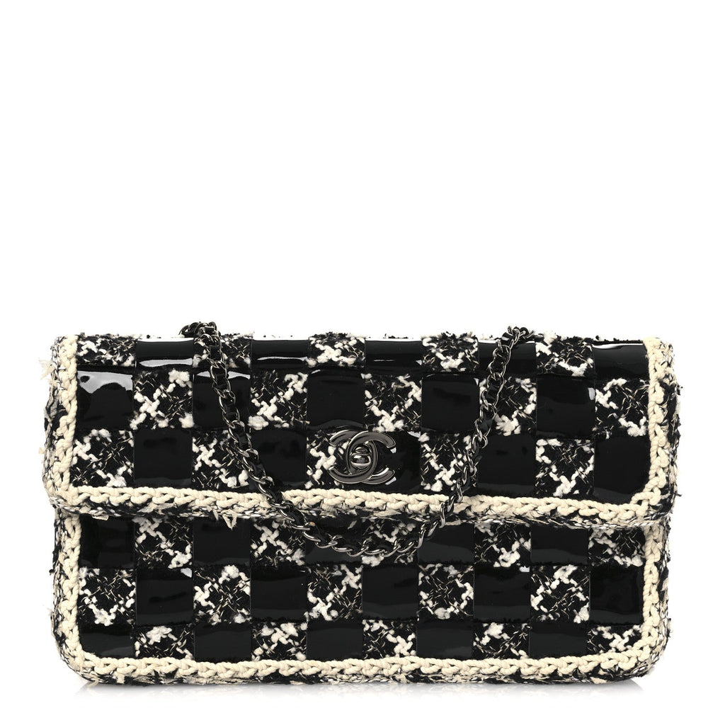 Tweed Patent Quilted Rectangular Flap Black White