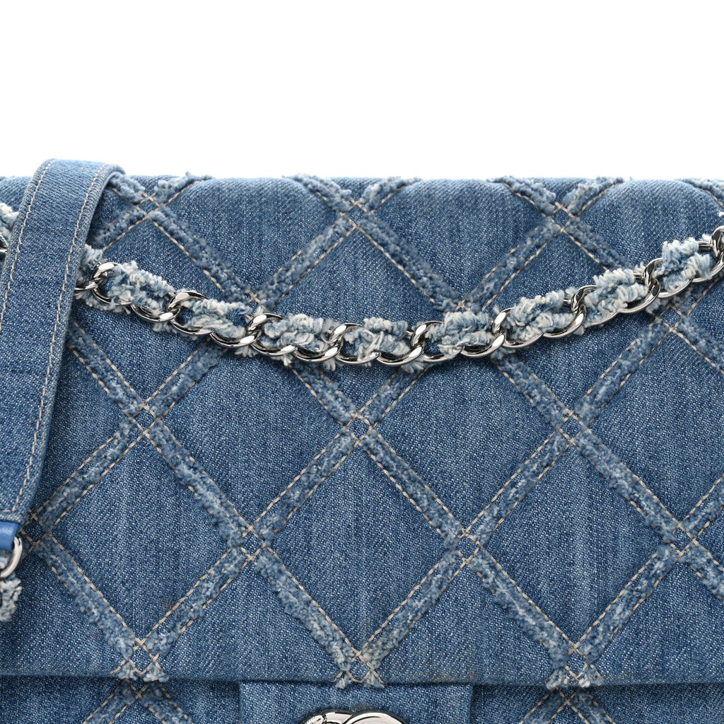 Frayed Denim Quilted Large Blue Chip Flap Blue