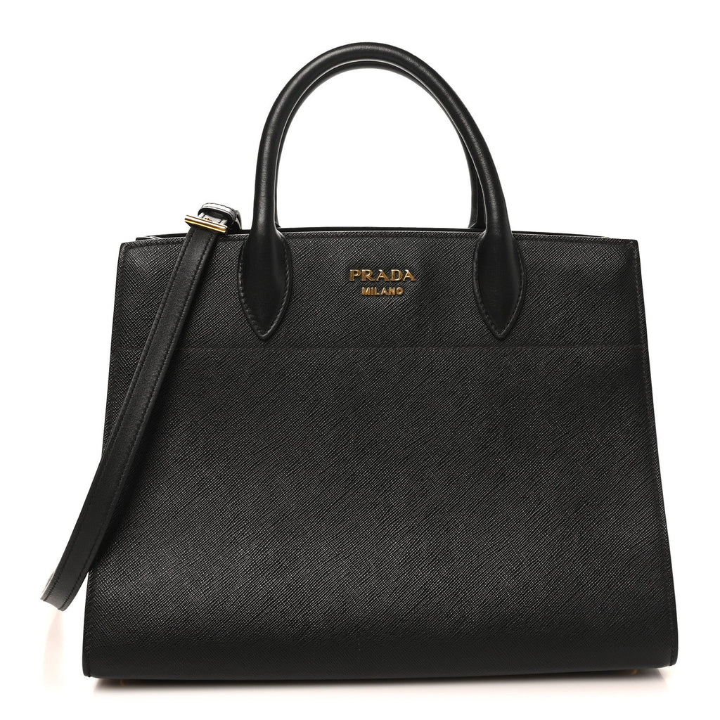 Saffiano City Calfskin Medium Bibliothèque Top Handle Black Fuoco