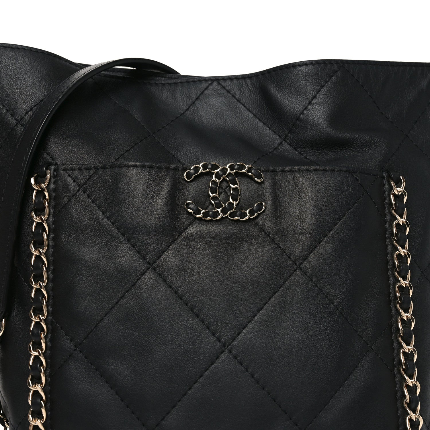 Calfskin Quilted Chain Flat Tote Black