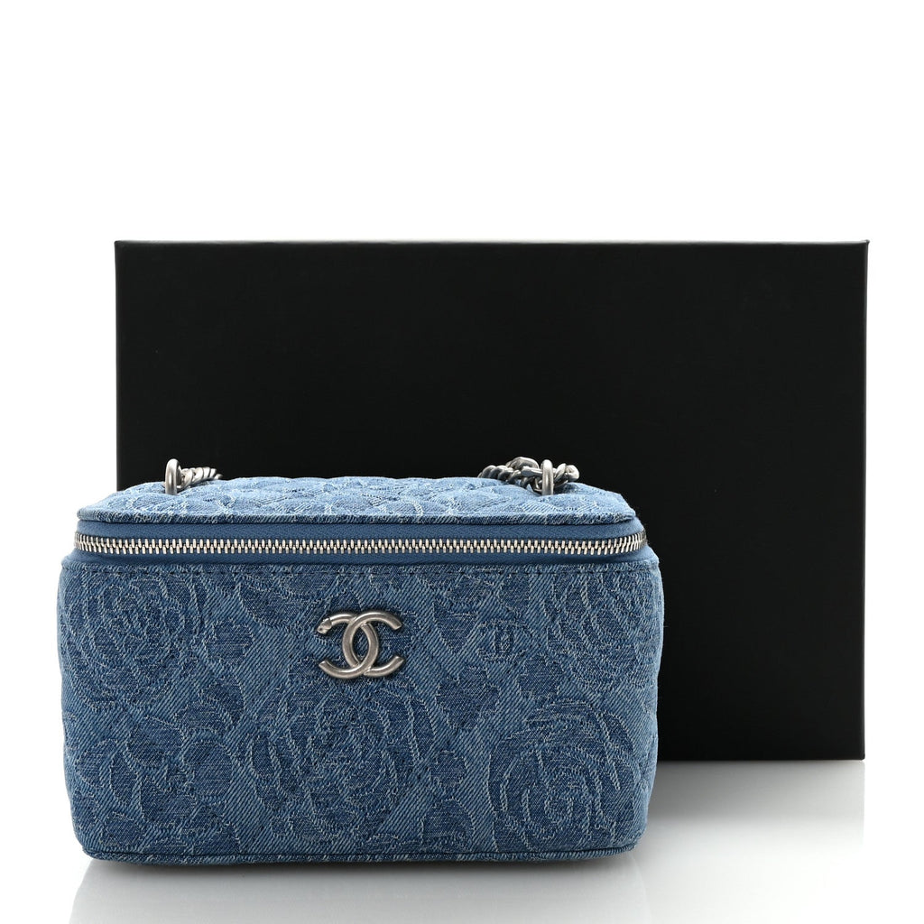 Denim Quilted Sweetheart Small Vanity Case With Chain Blue