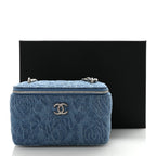 Denim Quilted Sweetheart Small Vanity Case With Chain Blue