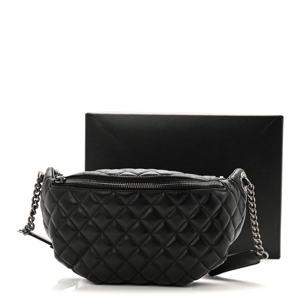 Lambskin Quilted Banane Waist Bag Fanny Pack Black