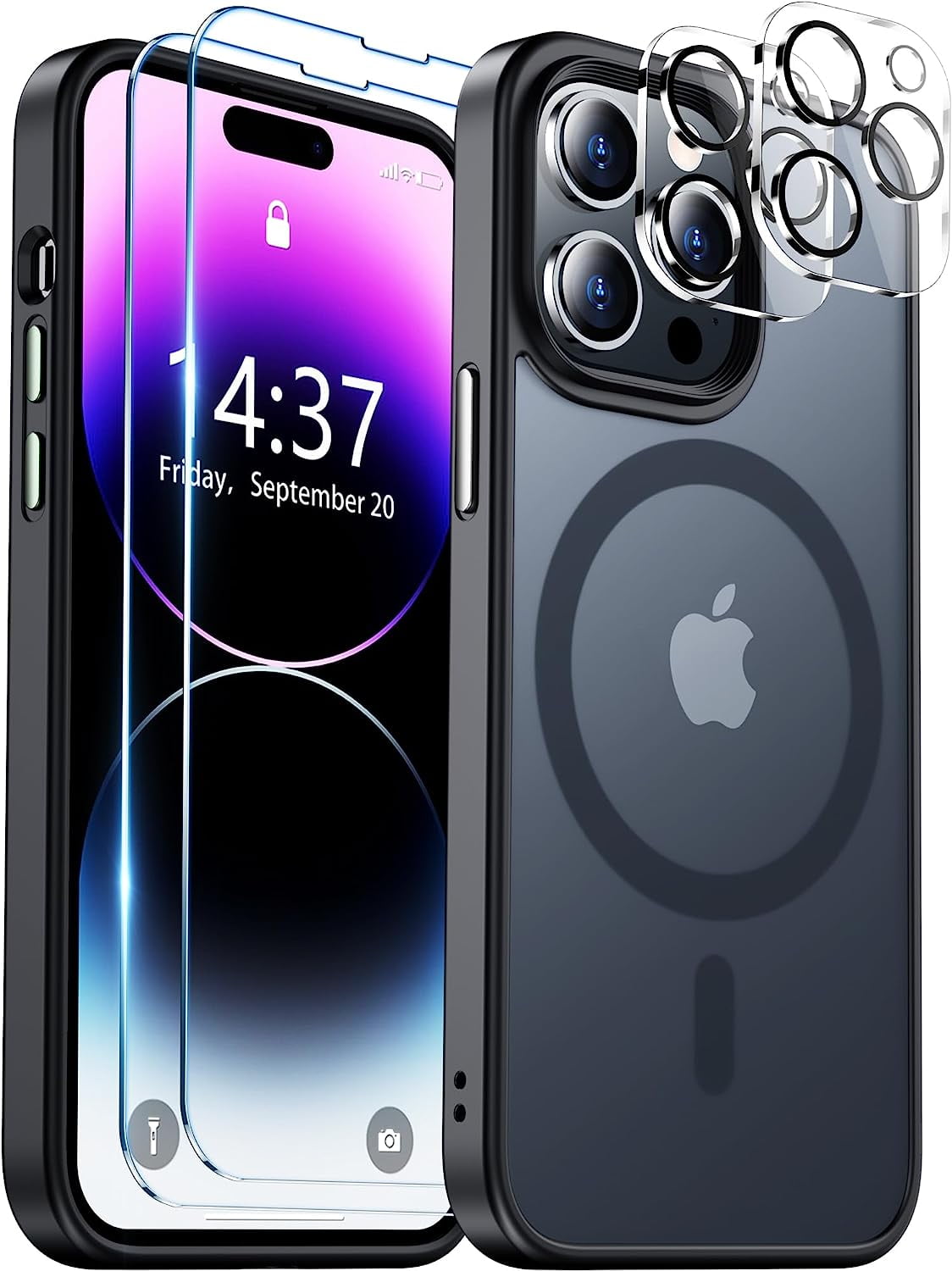 Entronix Bundle Compatible with iPhone 14 Pro Max - [Magnetic] Translucent Matte Case, 2 Screen Protectors & 2 Camera Lens Protectors