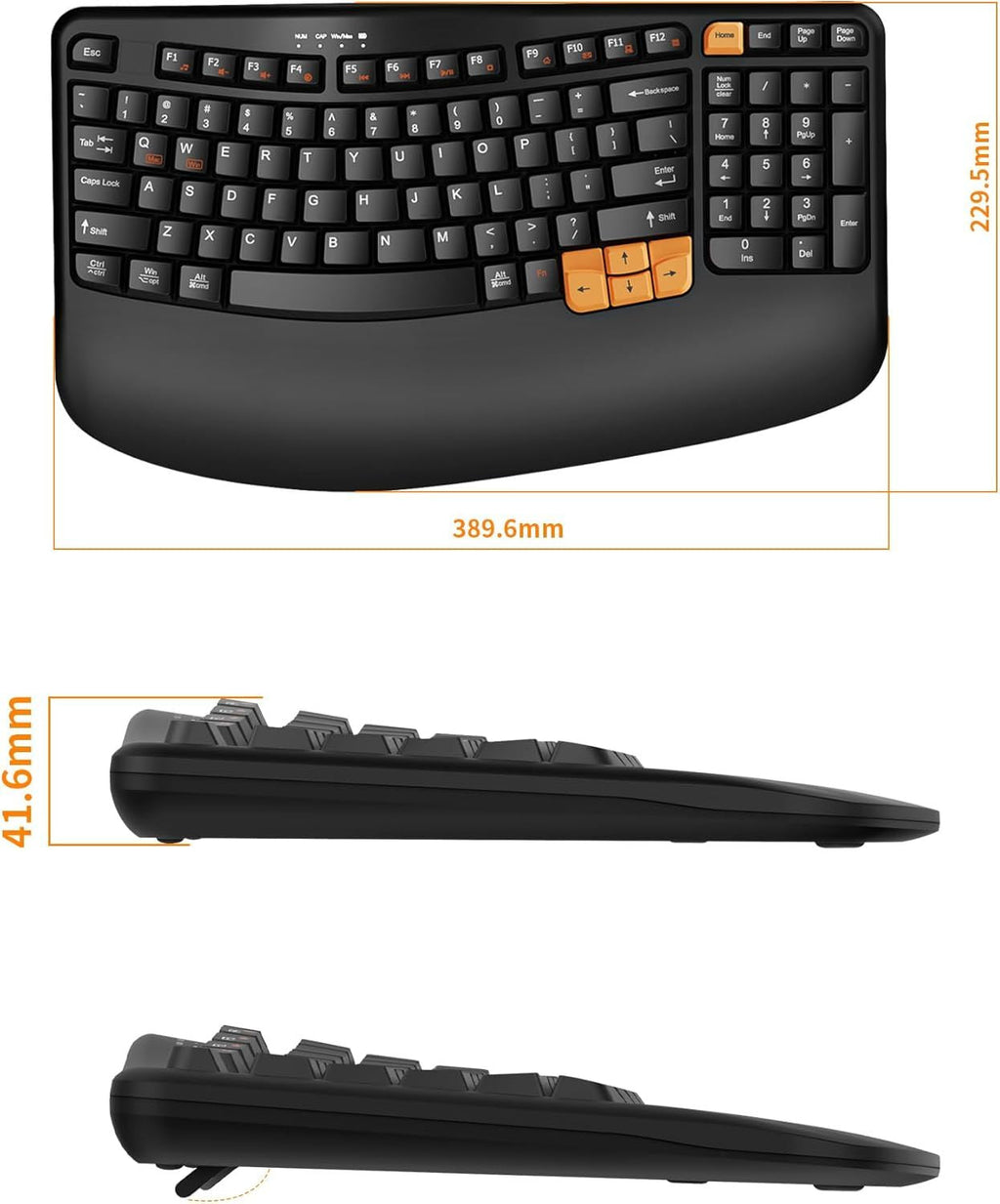 Ergonomic Wireless Keyboard with Wrist Rest, Wave Keys for Comfortable Natural Typing, 2.4GHz Ergo Wireless Computer Keyboard for Windows, Mac OS Laptop/PC/Notebook Black Orange