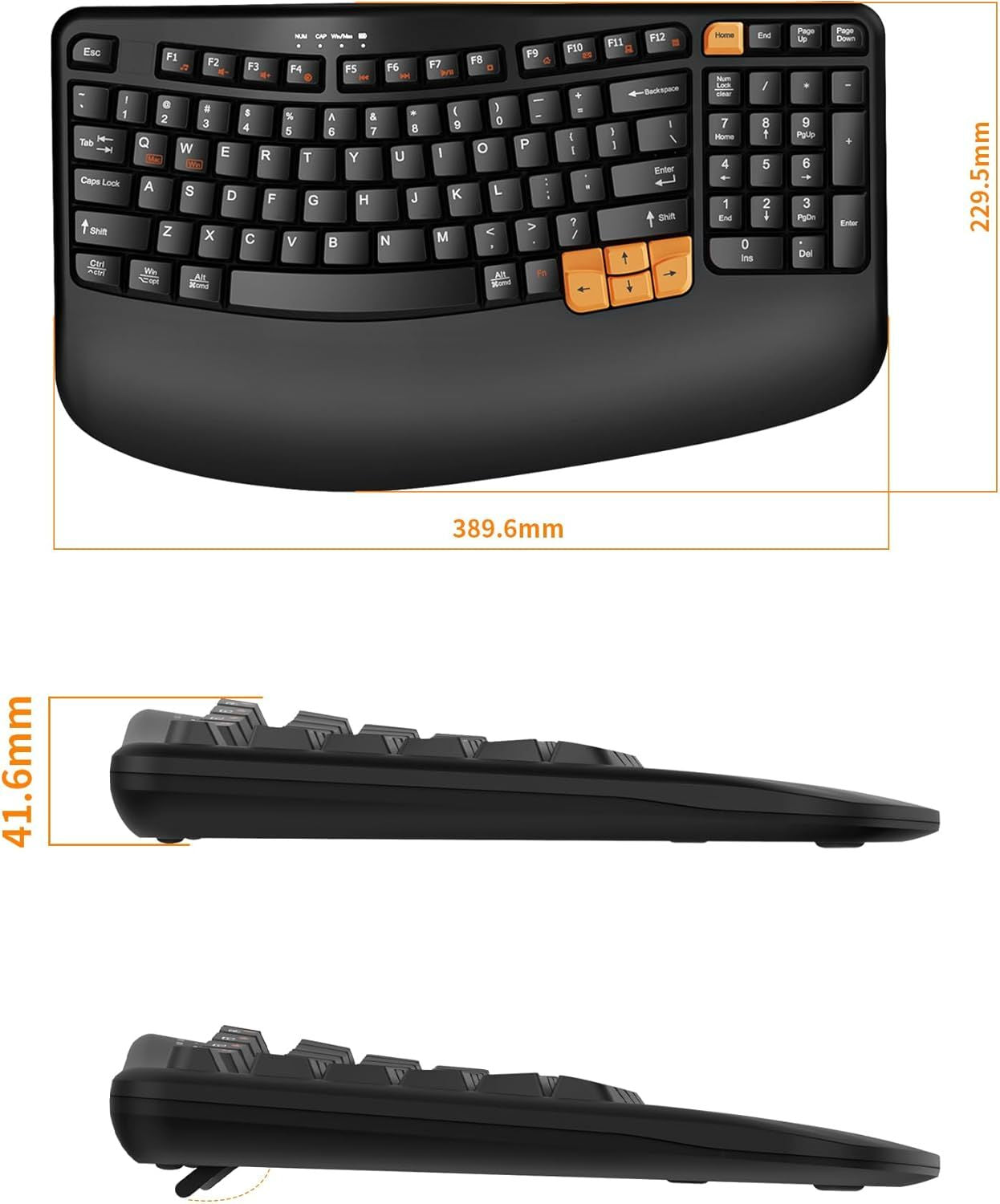 Ergonomic Wireless Keyboard with Wrist Rest, Wave Keys for Comfortable Natural Typing, 2.4GHz Ergo Wireless Computer Keyboard for Windows, Mac OS Laptop/PC/Notebook Black Orange