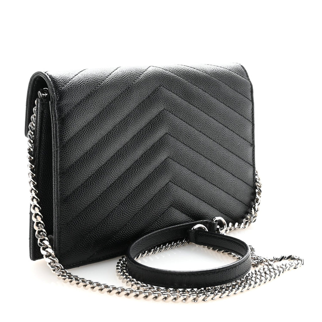 Grain De Poudre Matelasse Chevron Monogram Envelope Chain Wallet Black