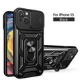Kickstand Ring Holder With Slide Camera Cover Tpu Magnetic Car Mount For Apple Iphone 15 In Black