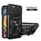 Kickstand Ring Holder With Slide Camera Cover Tpu Magnetic Car Mount For Apple Iphone 15 In Black