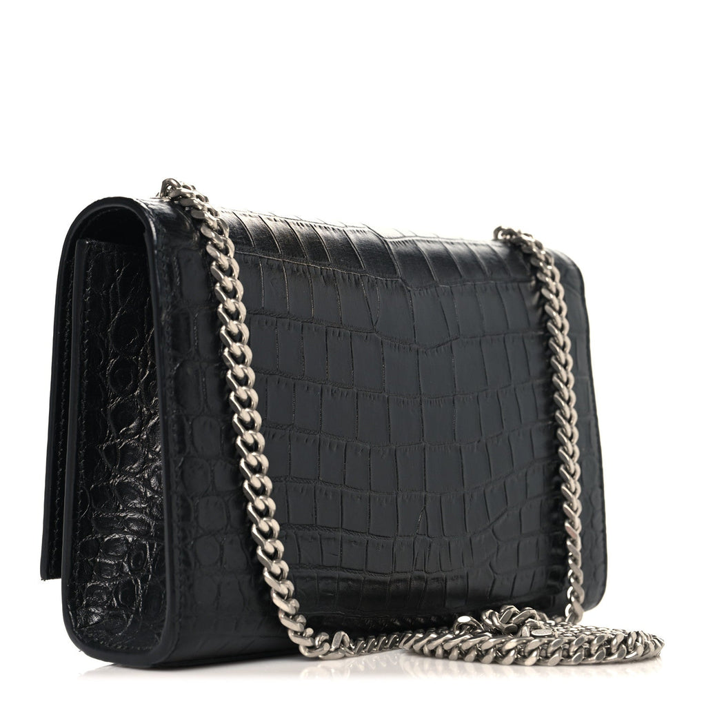 Calfskin Crocodile Embossed Small Classic Monogram Kate Tassel Satchel Black