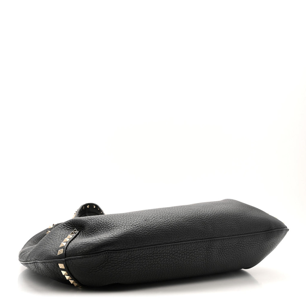 Grained Calfskin Large Rockstud Hobo Black