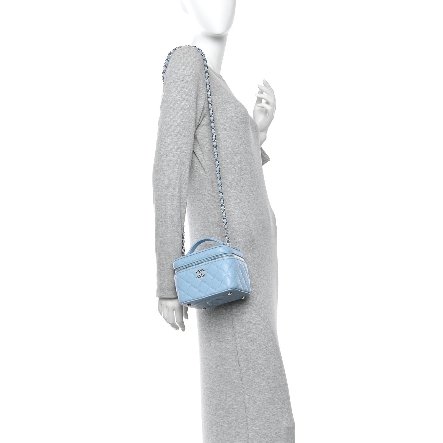 Caviar Quilted Top Handle Vanity Case With Chain Blue