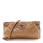 Glazed Calfskin Quilted Coco Pleats Chain Clutch Brown