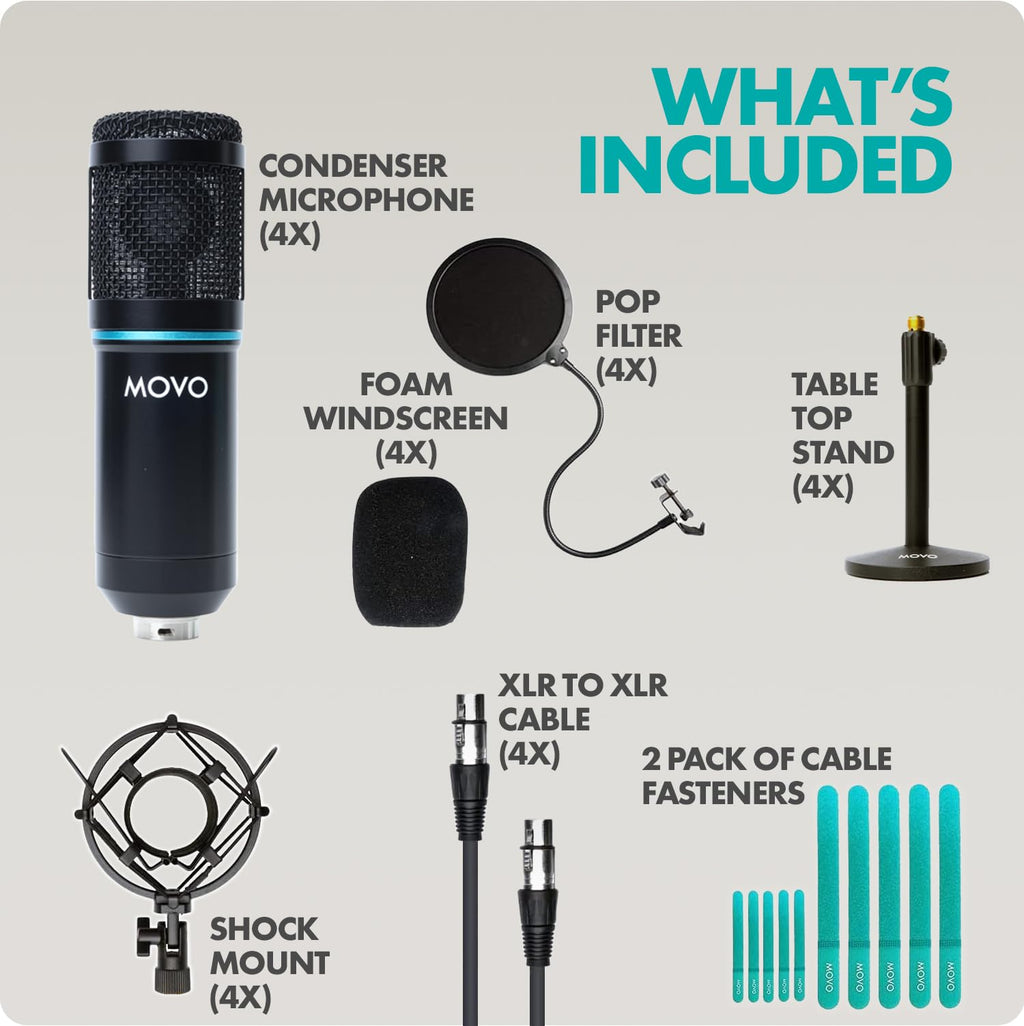 Movo 4Pack Podcasting Bundle with Tabletop Stands