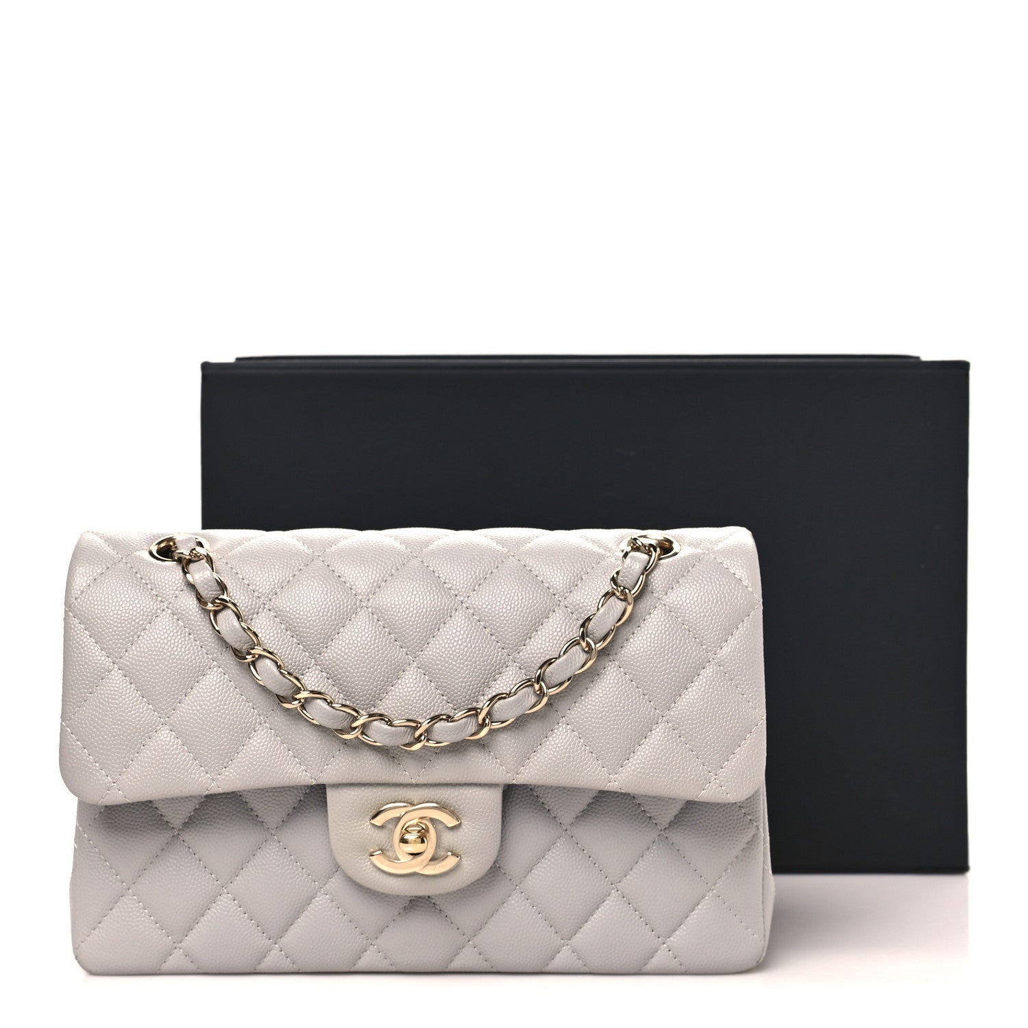 Caviar Quilted Small Double Flap Grey