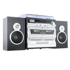3-Speed Vinyl Turntable  Home Stereo System with CD Player, Double Cassette Player, Bluetooth, FM Radio & USB/SD Recording