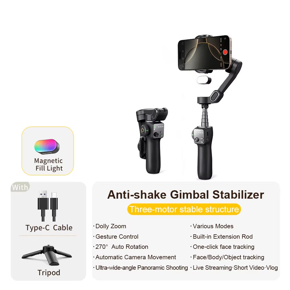 Smart V8 3-Axis Handheld Gimbal Stabilizer with Extension Rod and Tripod for Face Tracking - Compatible with iPhone, Android with Light